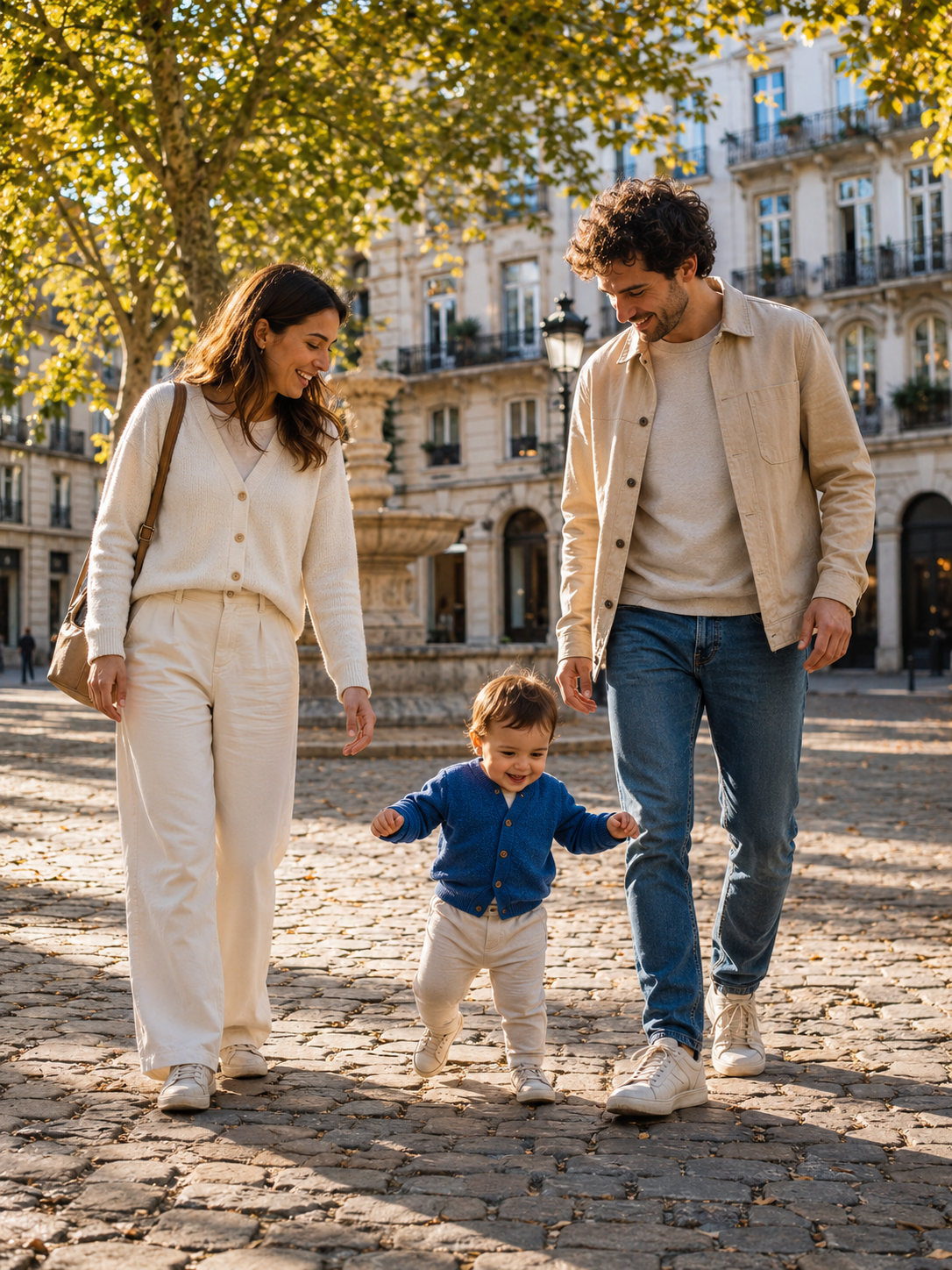 Família jovem com criança em praça europeia